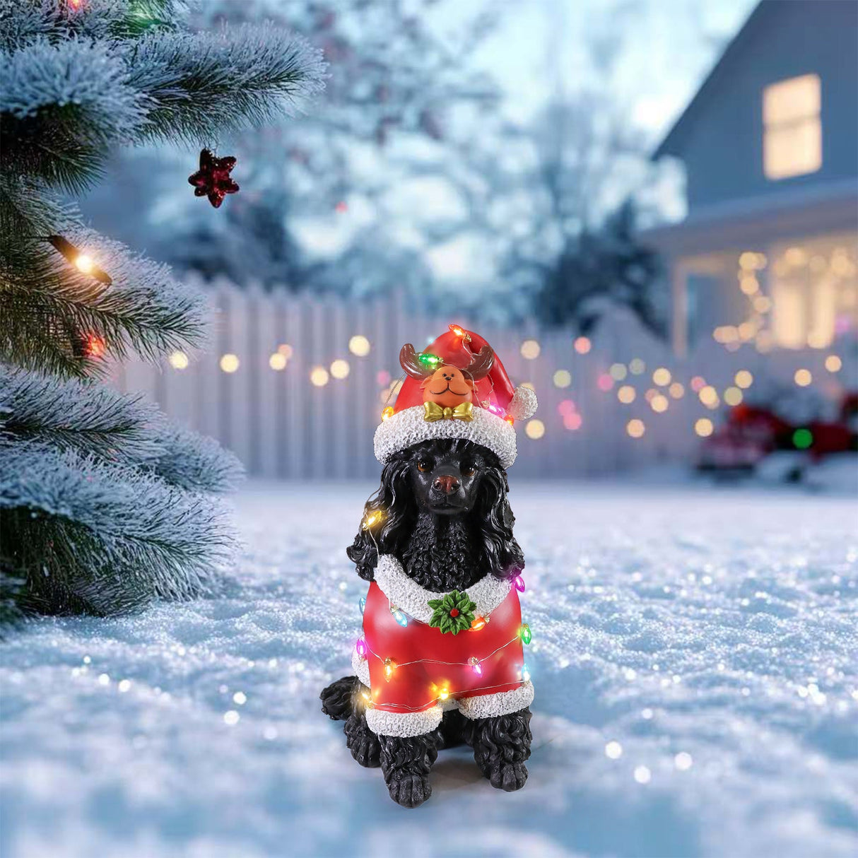 Festive Black Poodle Christmas Statue
