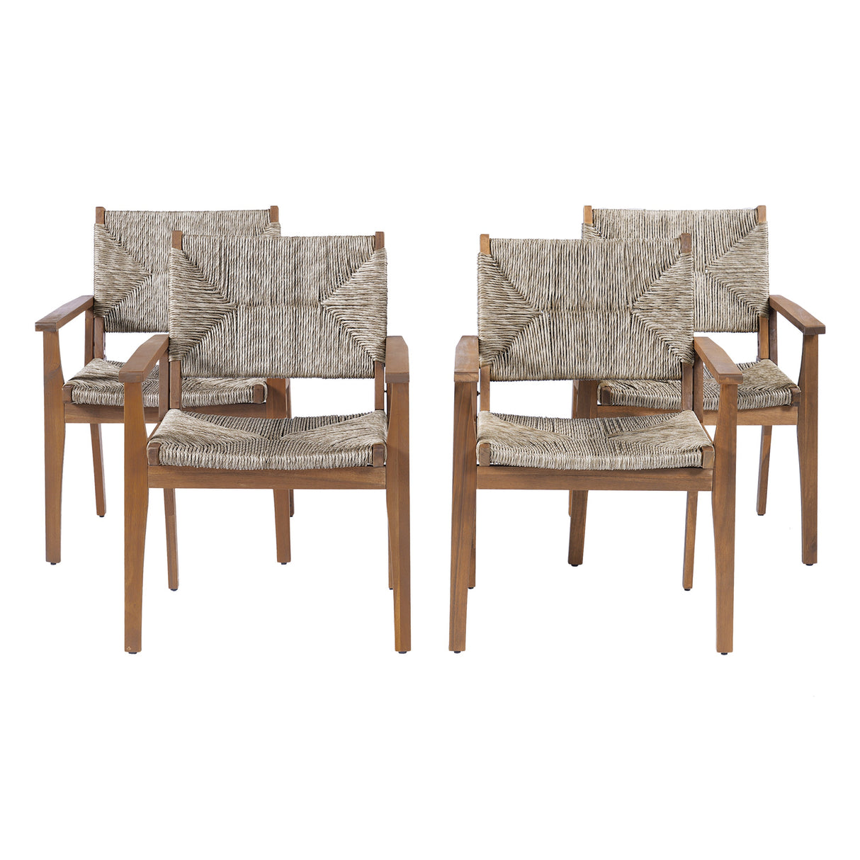 5-Piece Outdoor Dining Set: Brown Round Acacia Wood Table & 4 Brown Wicker Armchairs
