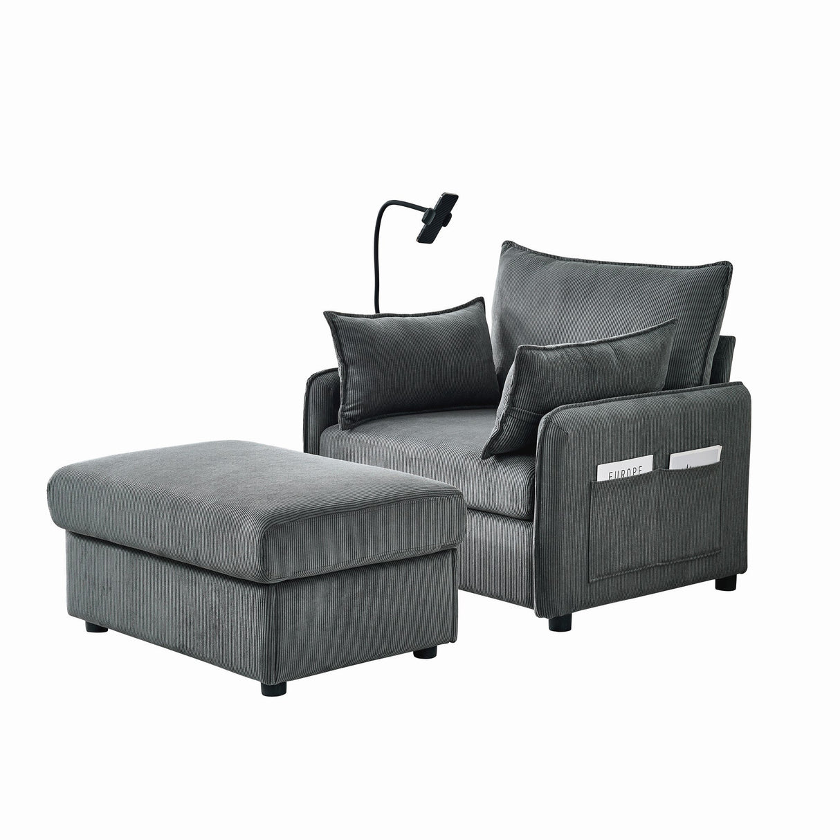 Comfy Corduroy Oversized Chaise Lounge Chair with Ottoman and Storage, Grey, 55'
