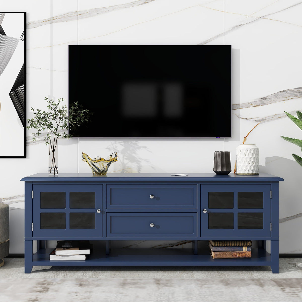TV Stand, Entertainment Center With Dual Drawers And Hidden Storage, Cabinet With Soft Closing Doors And Sleek Panel Design
