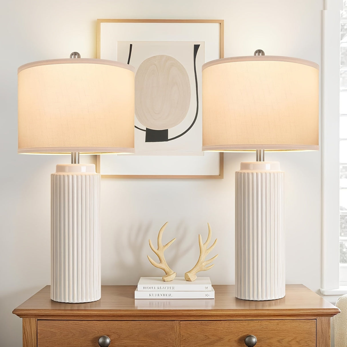 Farmhouse Table Lamps Set of 2 – Ceramic Base Bedside Lamps for Bedroom & Living