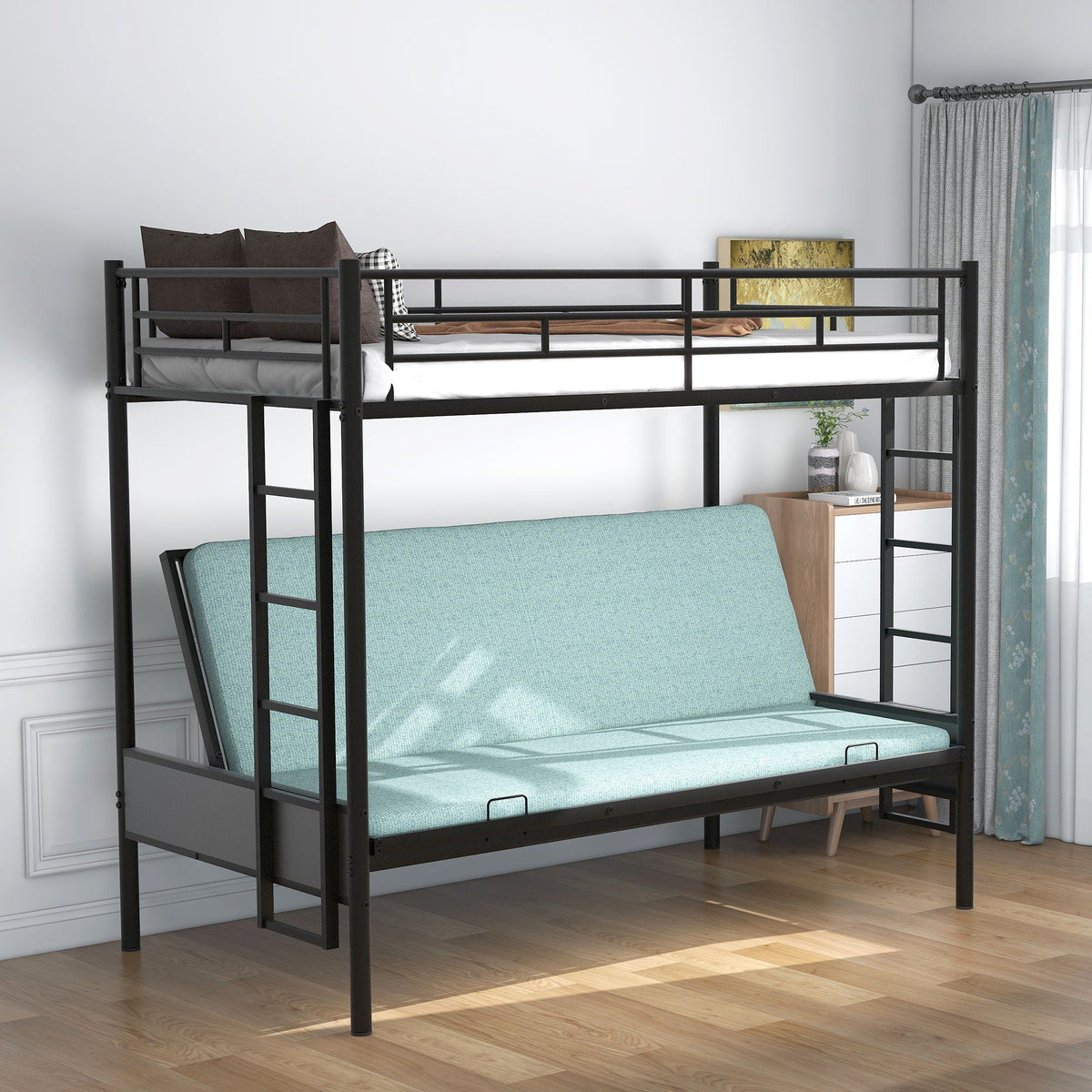 Twin Over Full Bunk Bed, Multifunction - Black