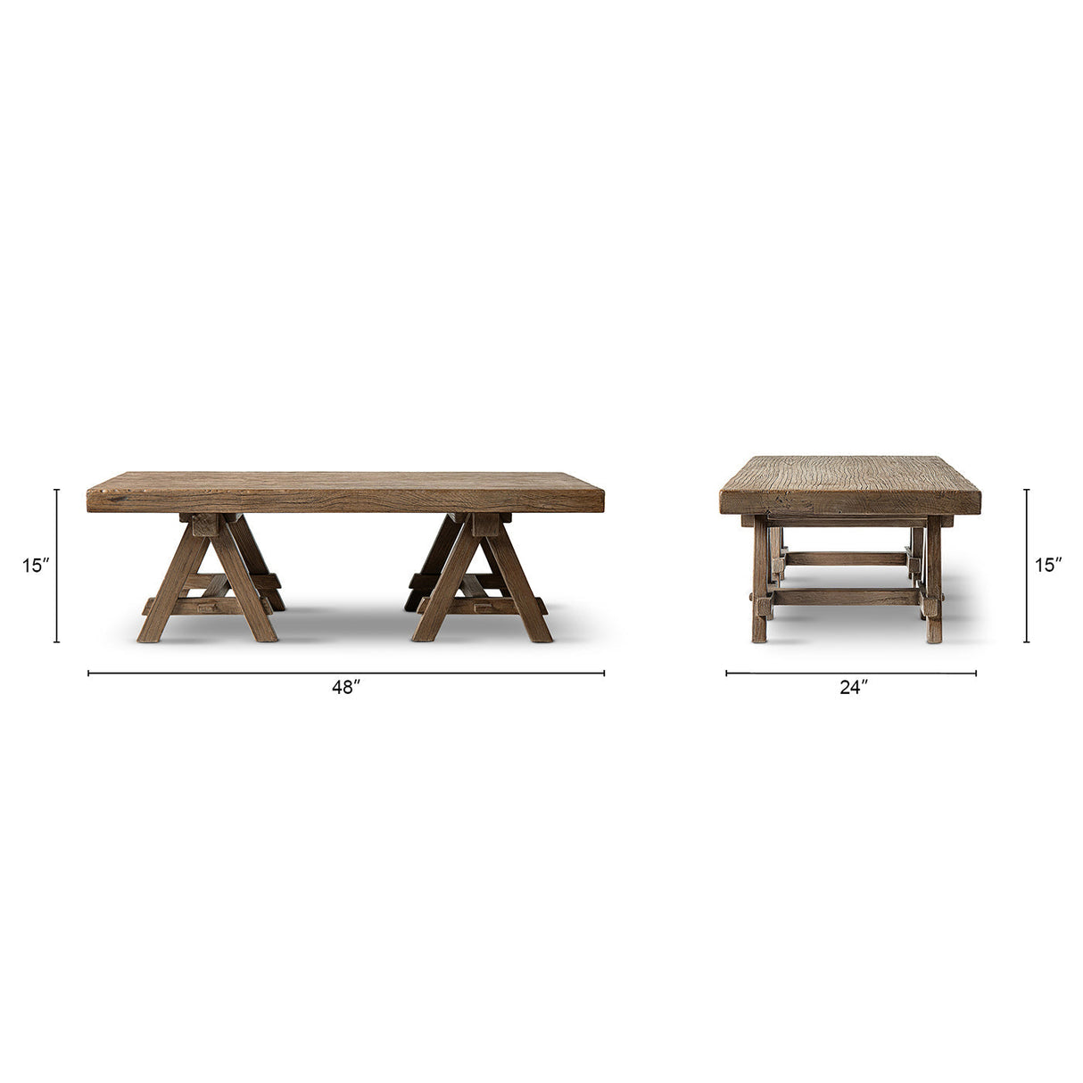 Hawthorne 48' Solid Reclaimed Elm Rectangular Trestle Coffee Table, Heritage Medium-Dark Brown