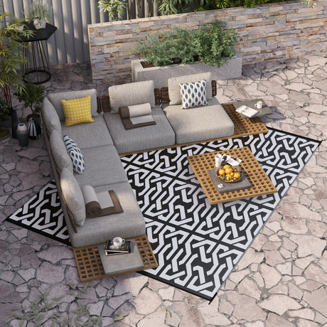 Reversible-outdoor-rug,-8'-x-10'-waterproof-plastic-straw-floor-mat,-black-&-white-chain-Outdoor-Rugs