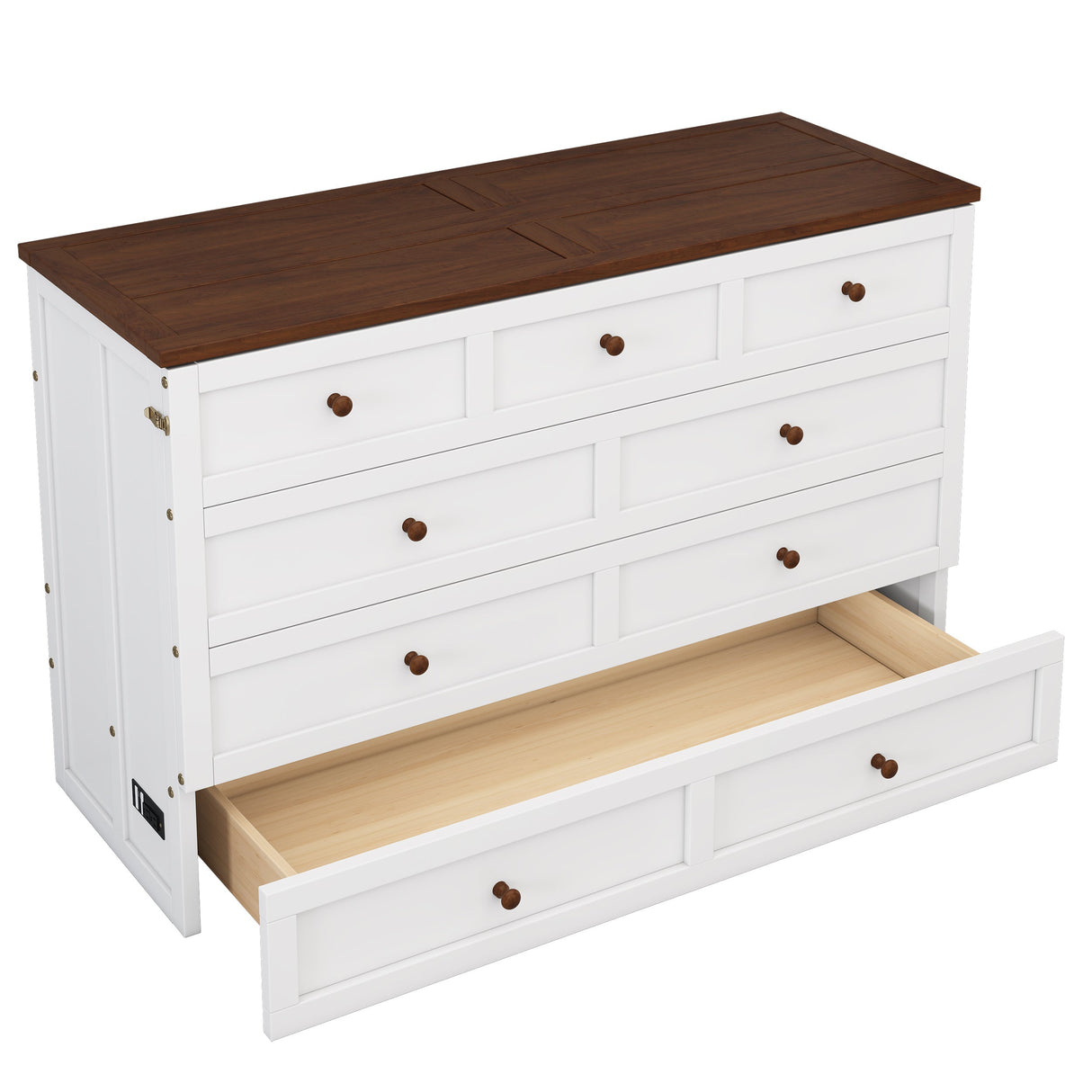 Solid Pine Murphy Bed Chest with Charging Station and Large Storage Drawer - Queen - White+Walnut