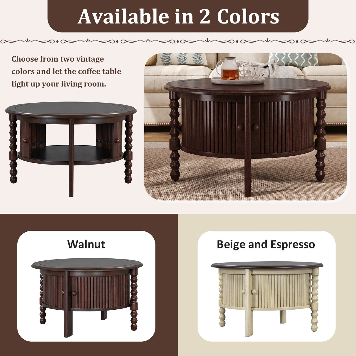 Vintage Round Coffee Table with Storage in Walnut