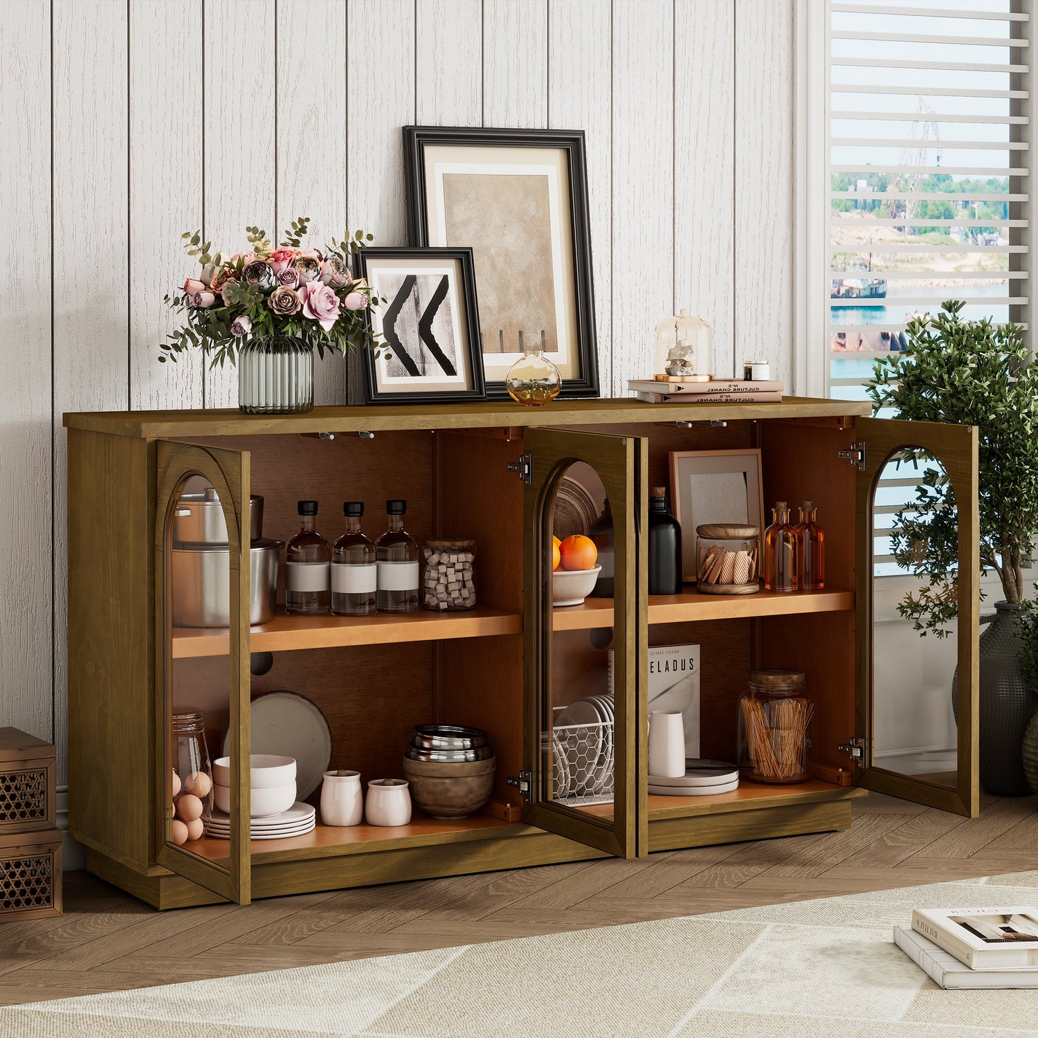 Arched Storage Cabinet with Glass Doors