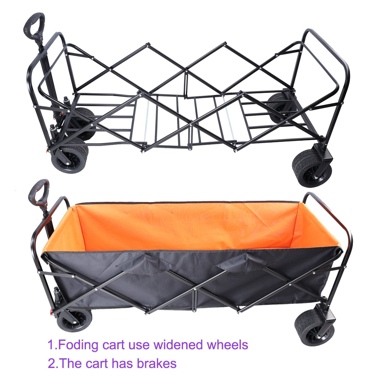 Big Large Capacity Folding Wagon Cart with Extender (Black + Orange)