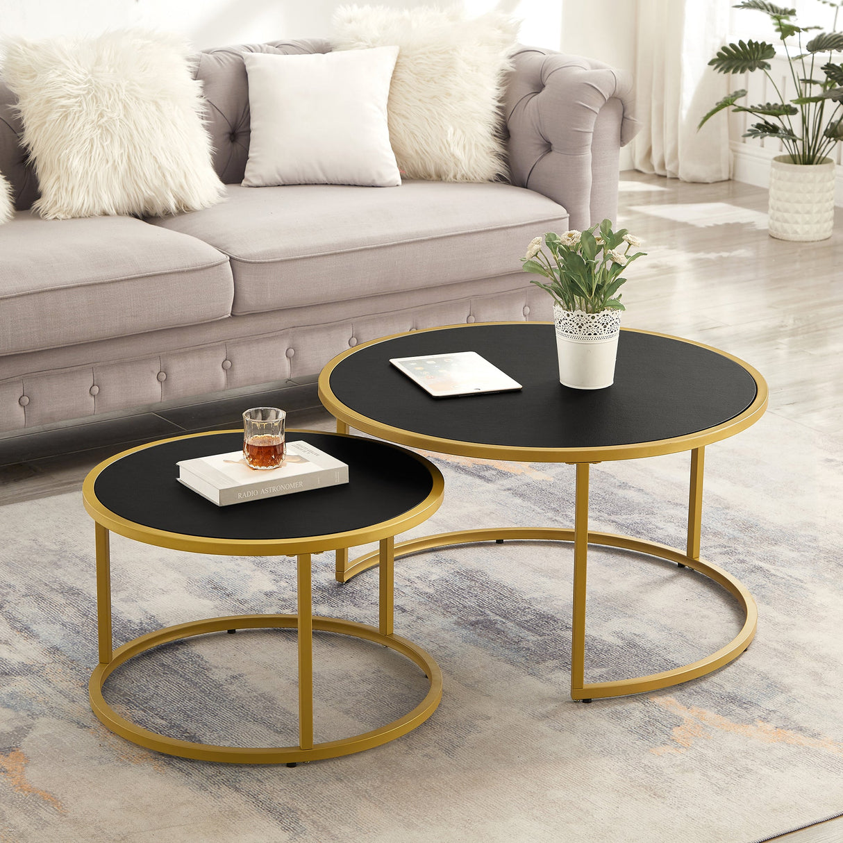 Modern Faux Leather Nesting Round Coffee Table Set of 2