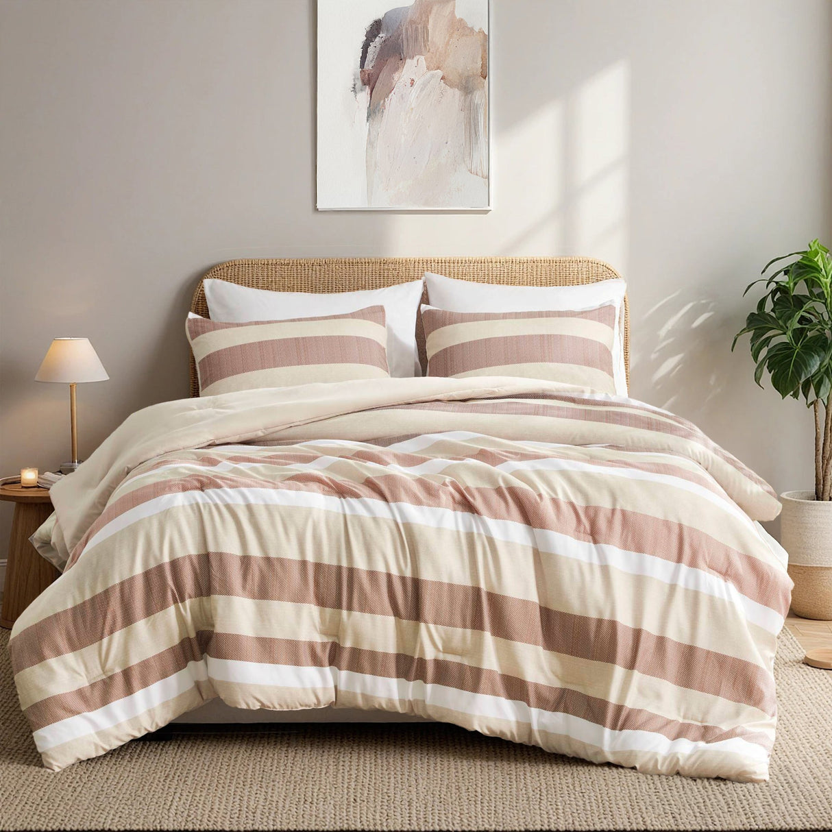 3-Piece Full/Queen Stripe Textured Print Comforter Set in Terracotta