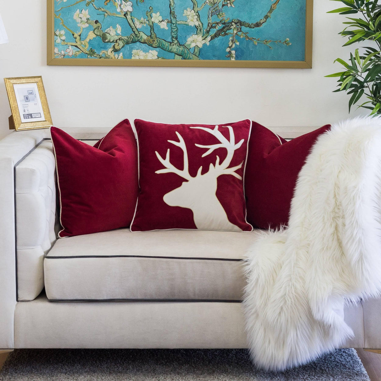 Holiday Reindeer Velvet Accent Pillow 20x20 – Red and White with Insert