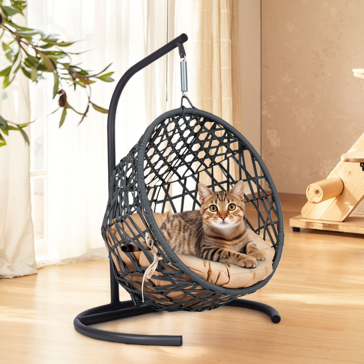 Cat-Swing-Bed-with-Stand-&-Cushion,-Cat-Egg-Chair-with-Rattan-Wicker-Pet-Bed