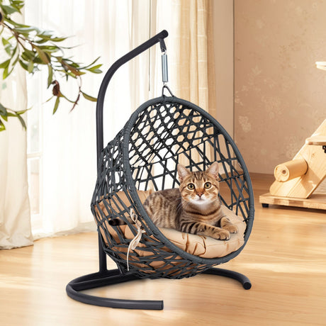 Cat-Swing-Bed-with-Stand-&-Cushion,-Cat-Egg-Chair-with-Rattan-Wicker-Pet-Bed
