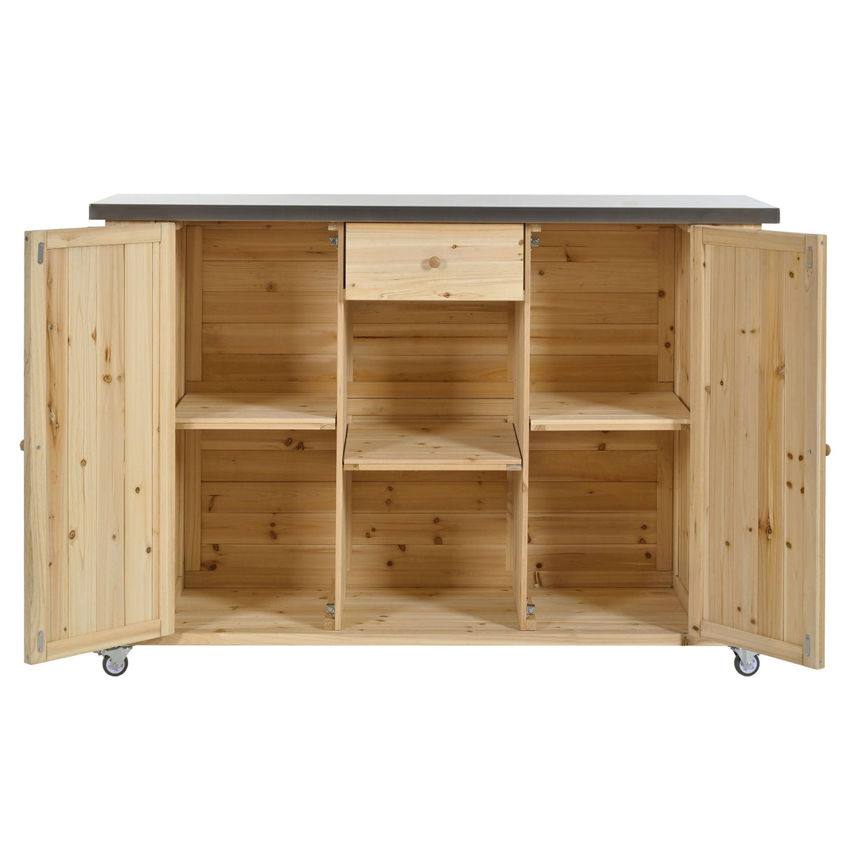 Outdoor Kitchen Island With Stainless Steel Top, Ample Storage Space, Towel And Spice Racks And A Bottle Opener