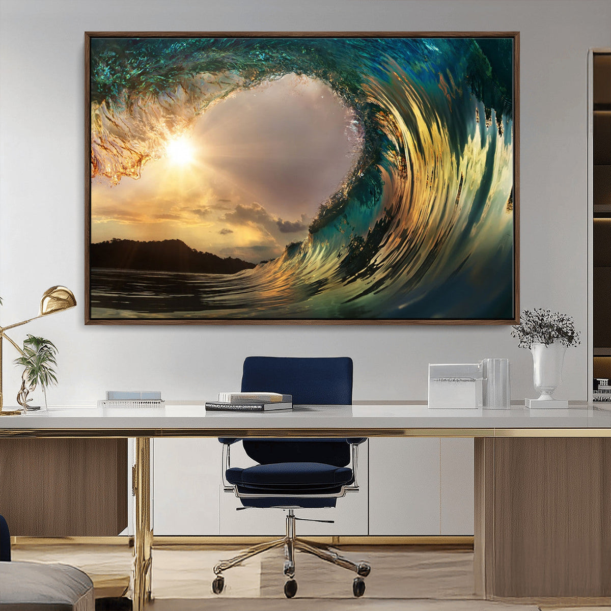 Golden Wave Sunset Canvas Print – Large Coastal Wall Art for