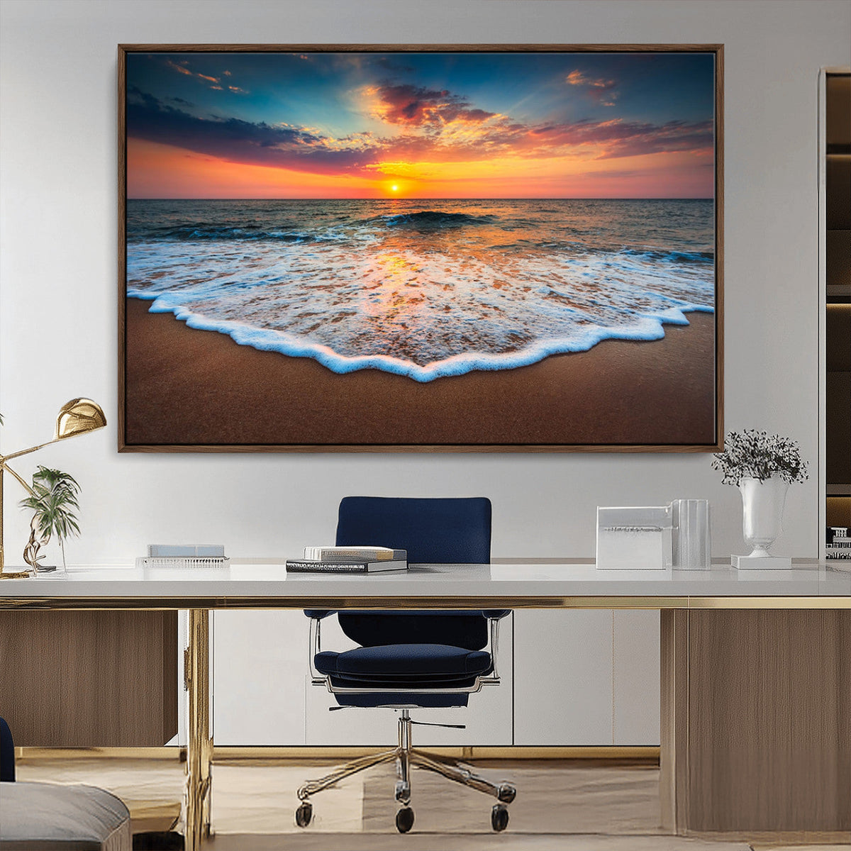 Sunset Beach Canvas Wall Art – Colorful Ocean Waves Triptych