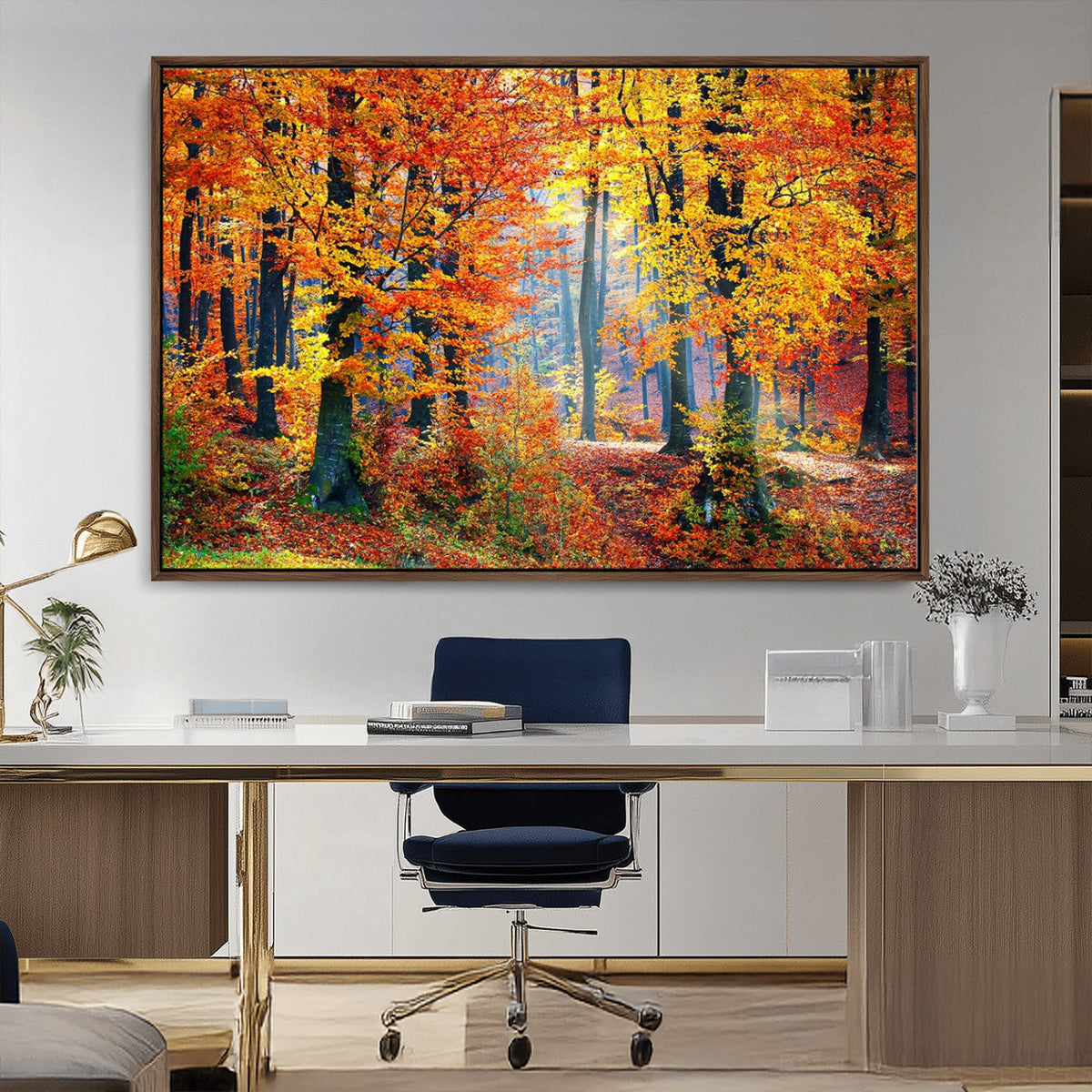Autumn Red Forest Triptych Canvas Wall Art Print, Forest
