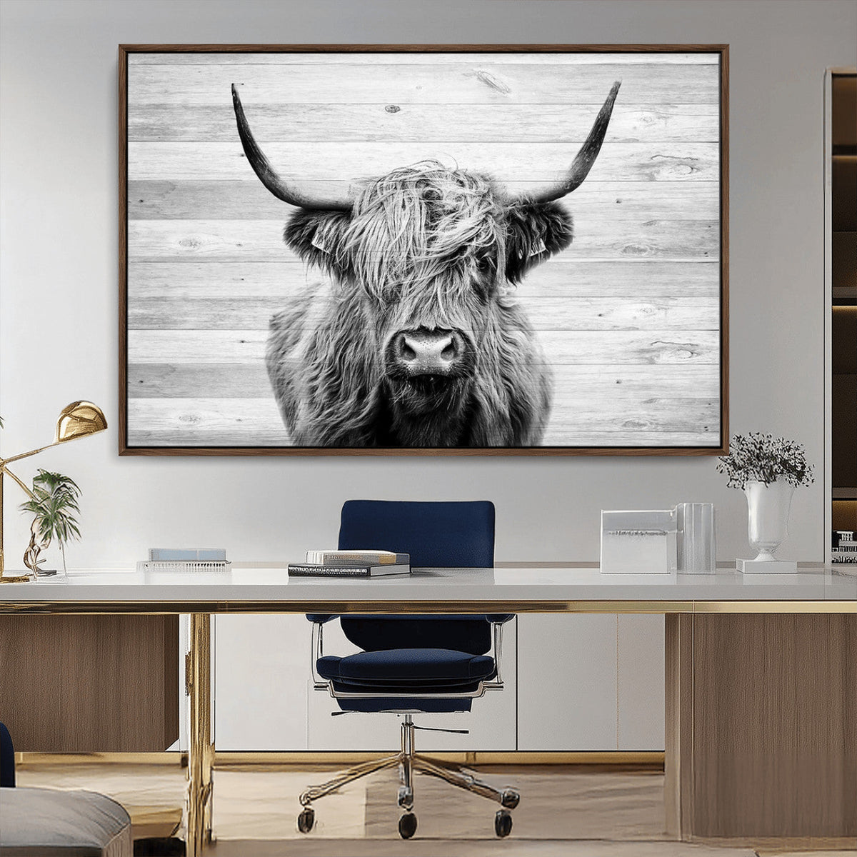 Scottish Highland Cow Cattle Art Print on Wood Background