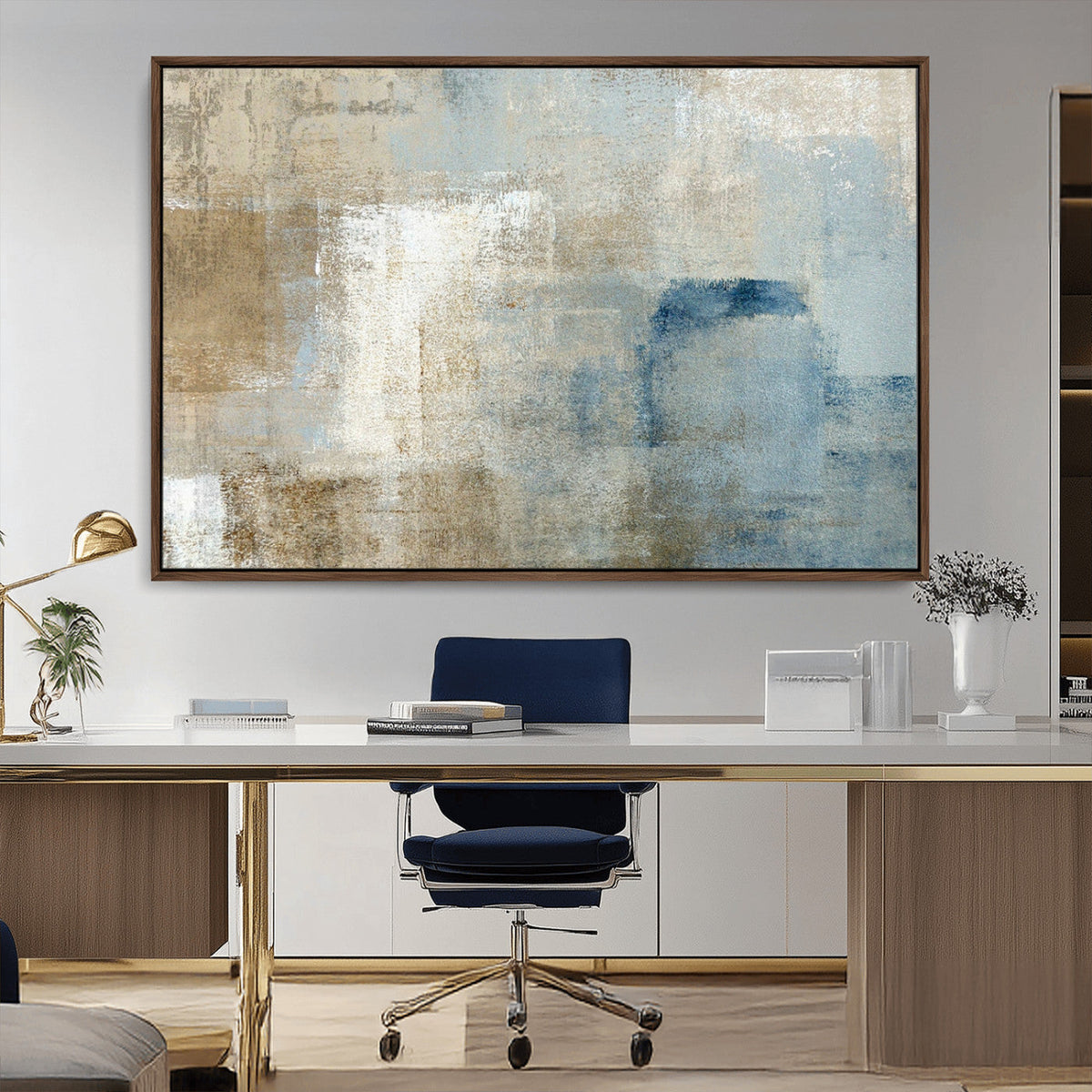 Abstract Blue and Beige Wall Art, Modern Minimalist Canvas