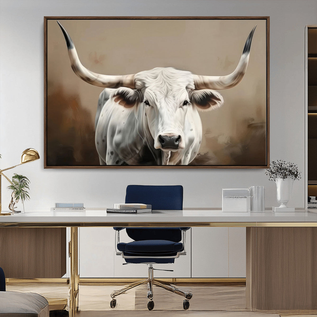 White Longhorn Bull Wall Art Canvas Print – Framed and Ready