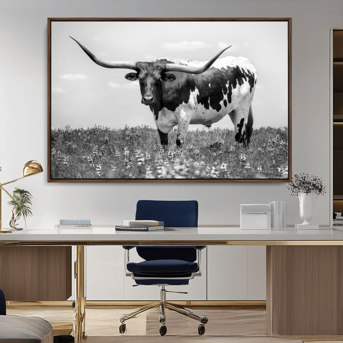 Texas Black White Highland Longhorn Cow Wall Art Canvas