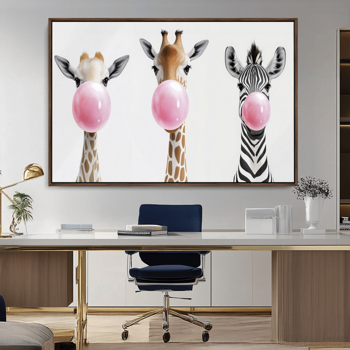 Bubblegum Animals Canvas Wall Art - Playful Giraffe and