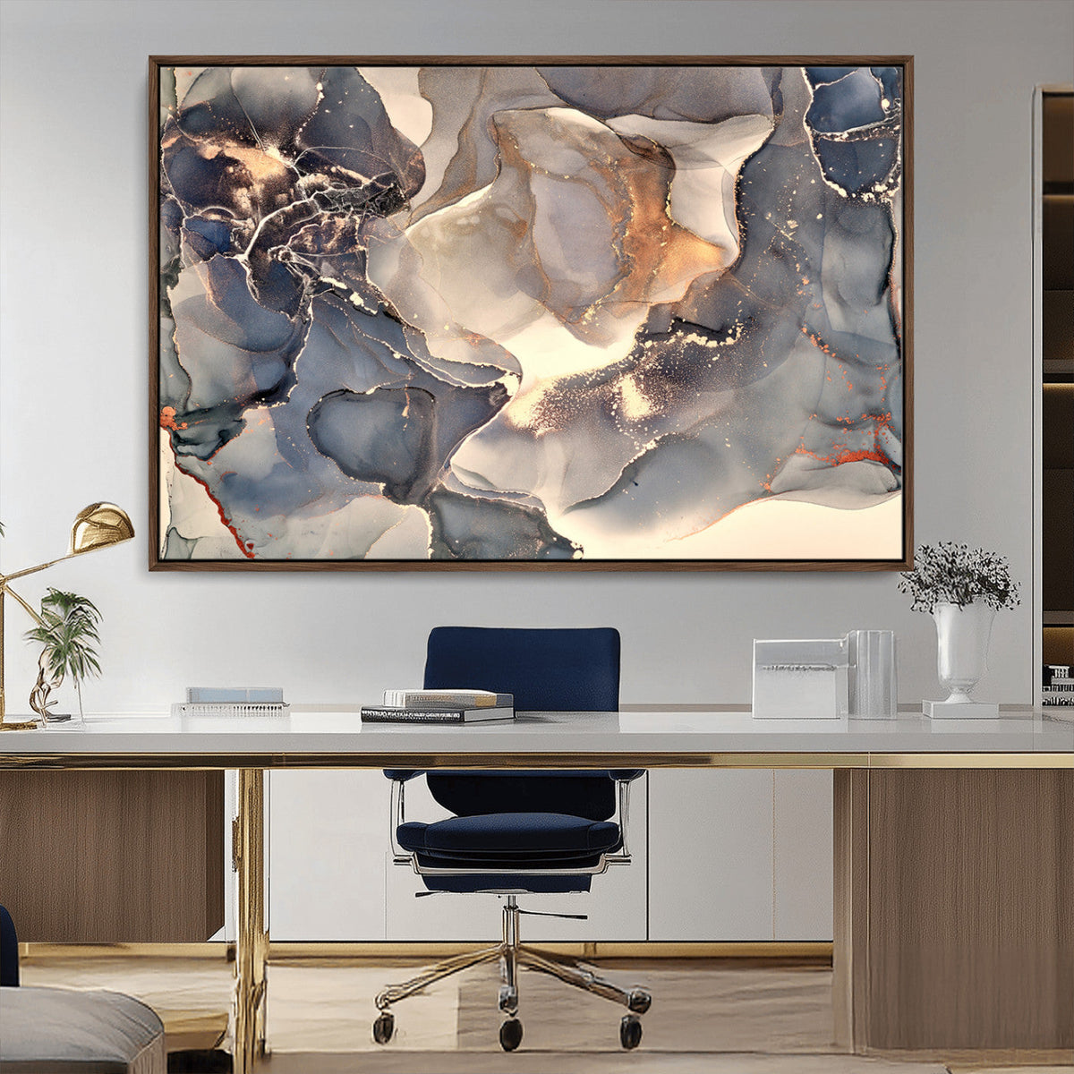 Abstract Blue and Gold Wall Art - Fluid Ink Artwork - Modern