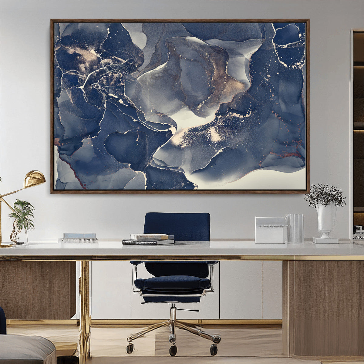 Large Abstract Blue and Gold Canvas Wall Art Fluid Ink