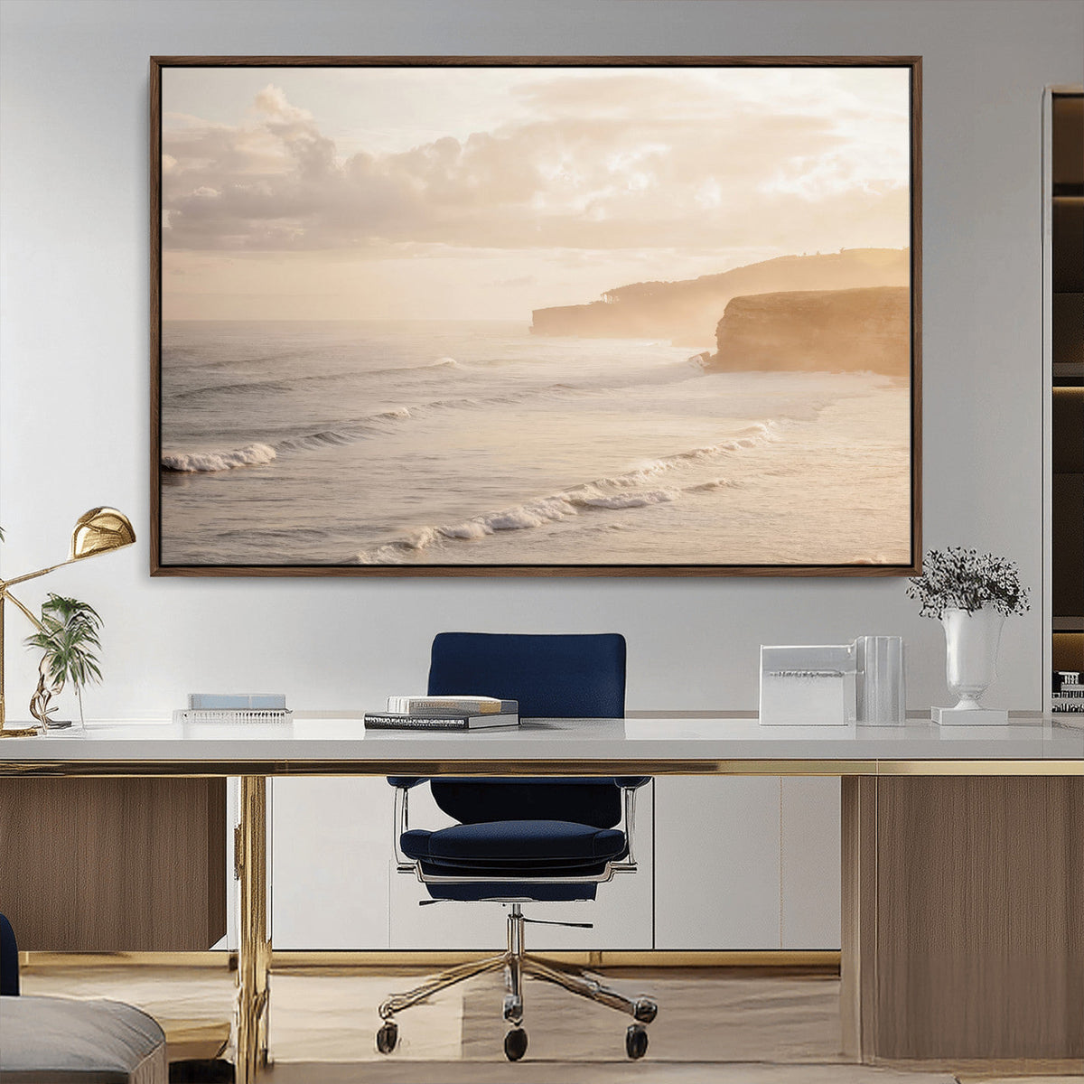 Misty Coastal Wall Art Canvas Print – Framed Golden Sunset