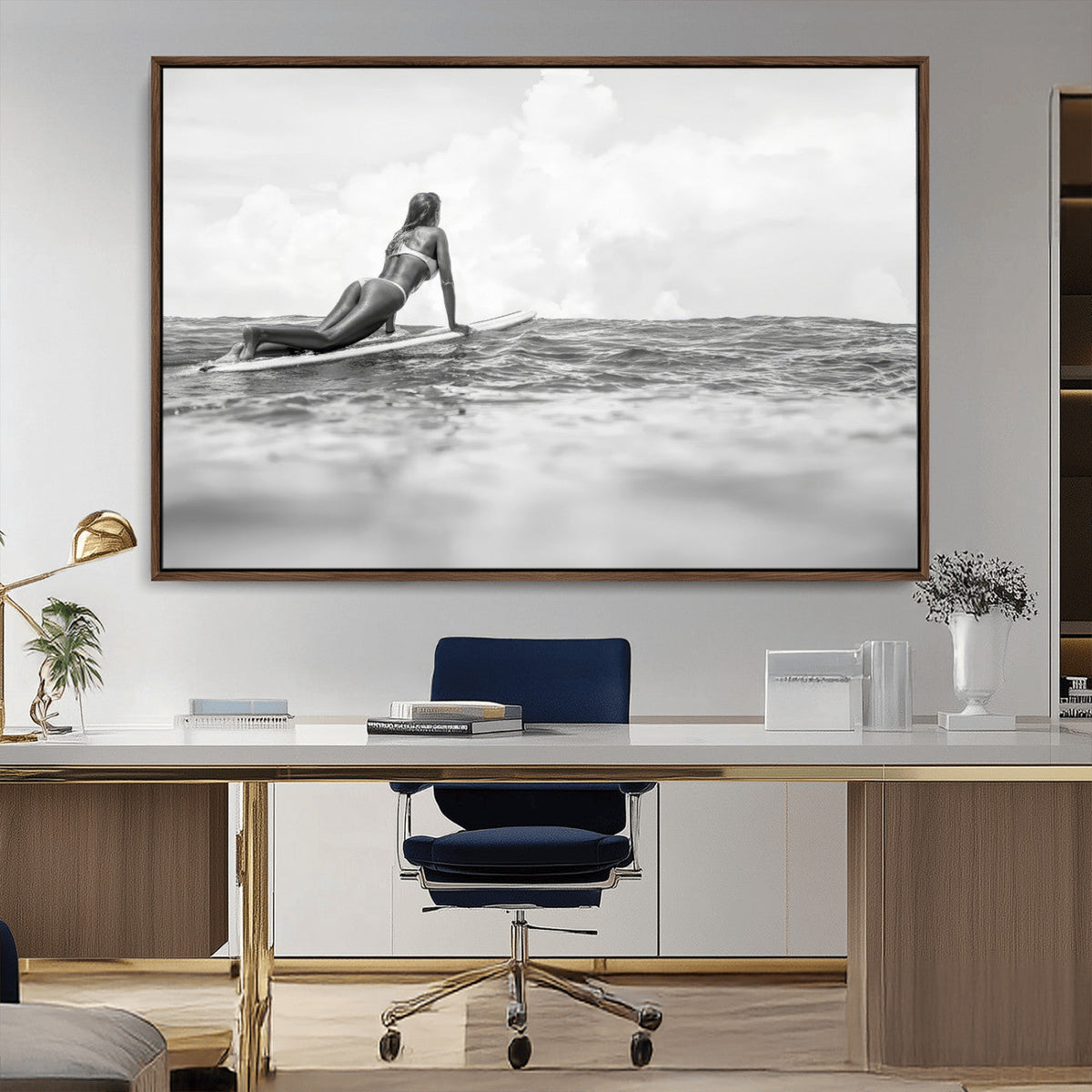 Black and White Surfing Wall Art Canvas Print – Framed Ocean