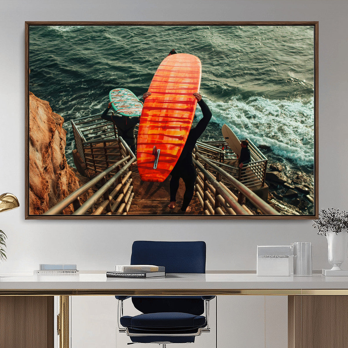 Surfer Stairway Wall Art – Framed Ocean Surf Canvas Artwork,