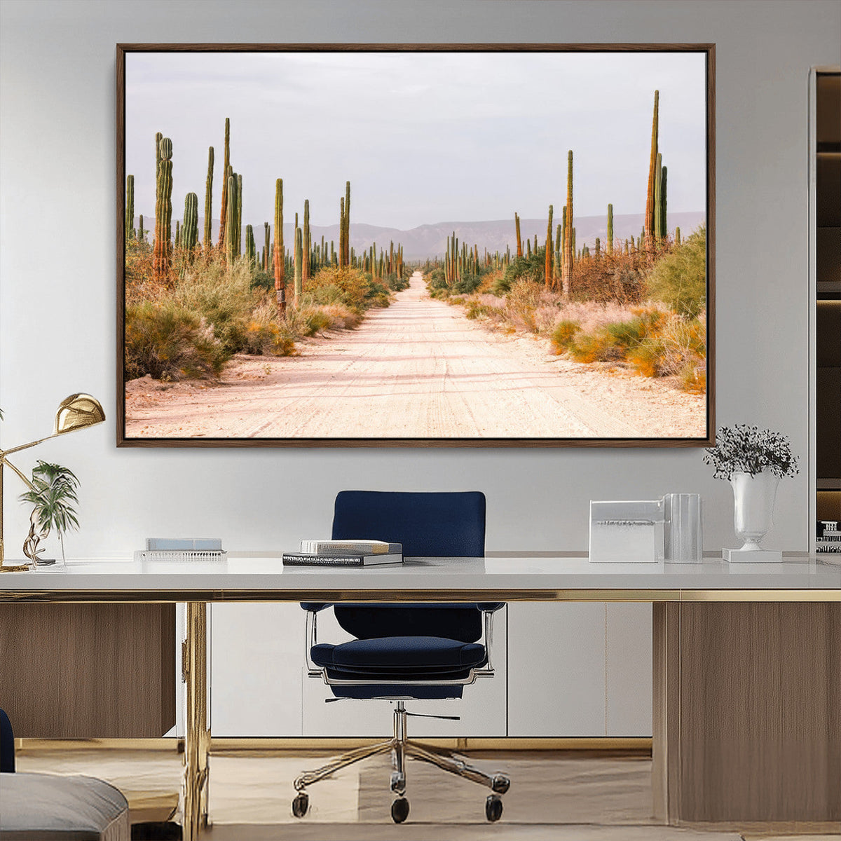 Desert Cactus Lined Road Wall Art Canvas Print – Framed