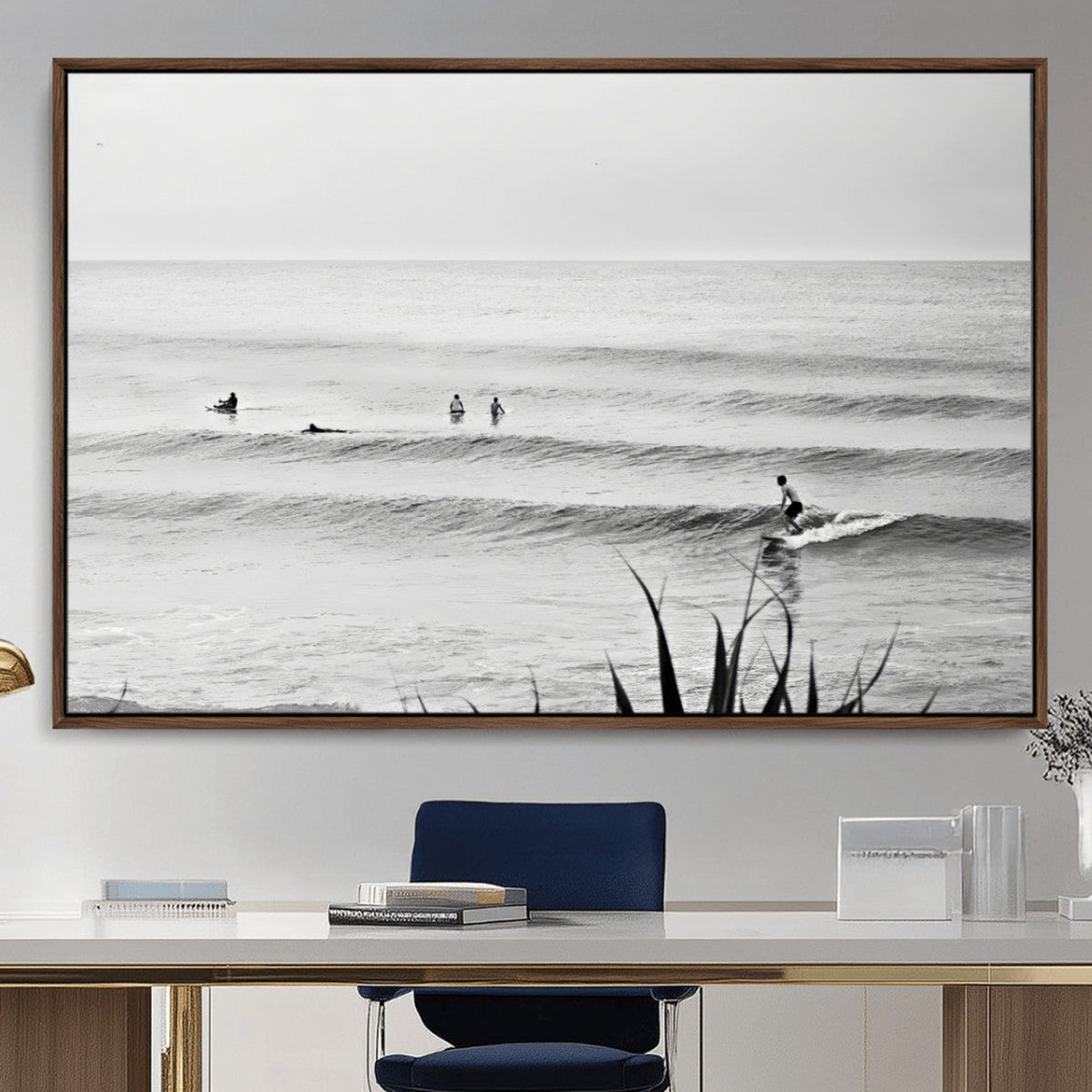Surfer Silhouette Wall Art Canvas Print, Framed Calm Ocean