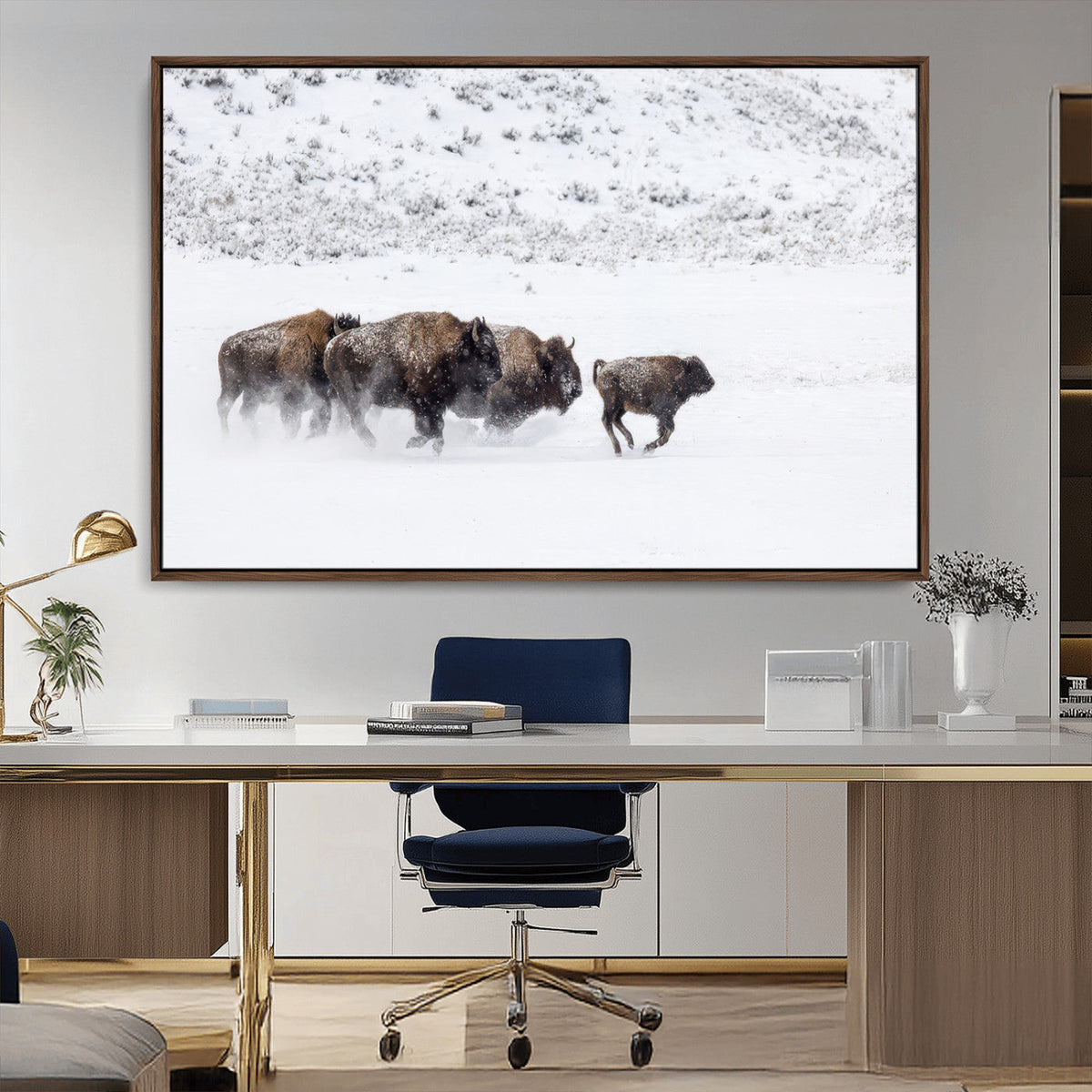Bison Herd Decor Wall Art Canvas Print – Framed Snowy Bison