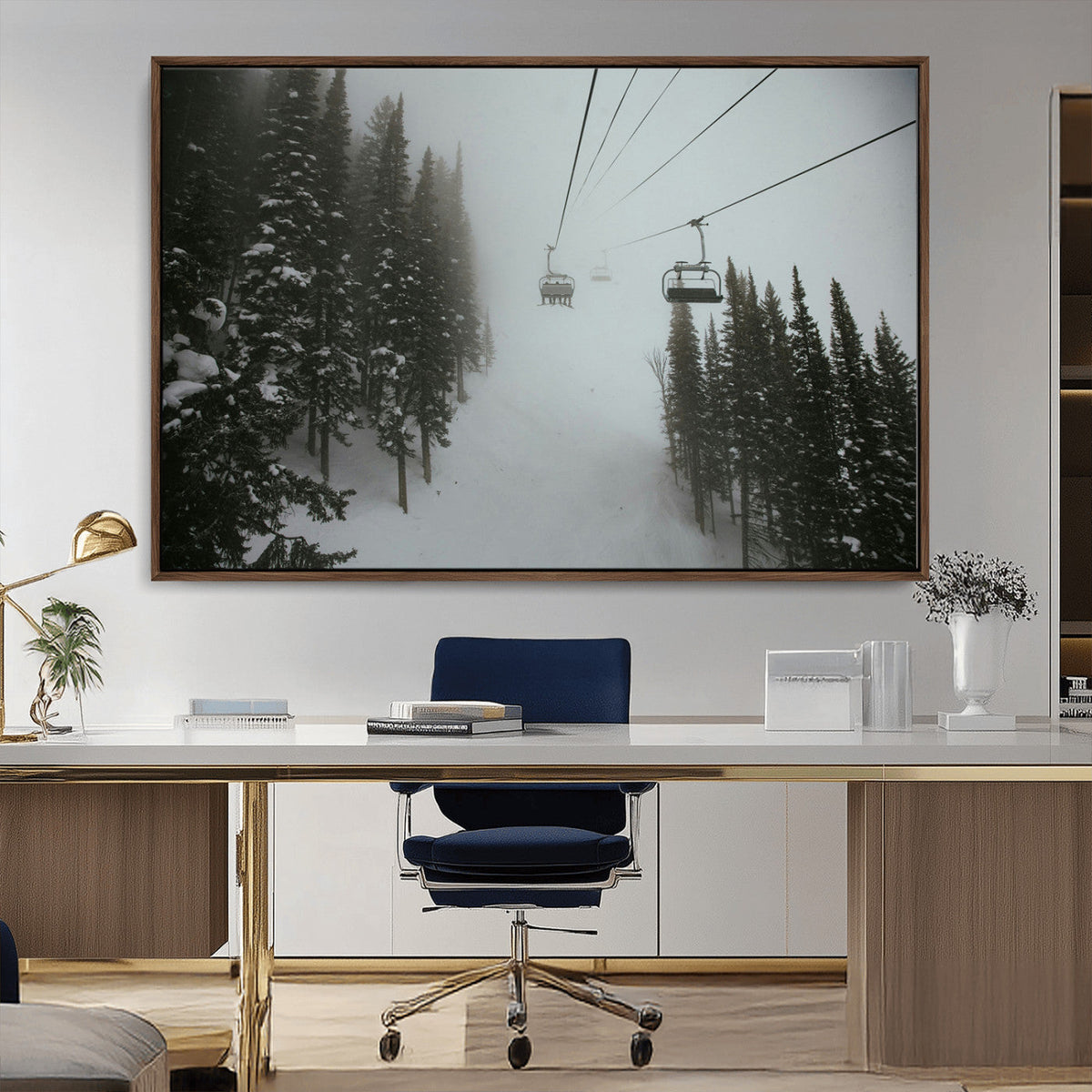 Ski Lift Wall Art Canvas Print – Snowy Pines Misty Landscape