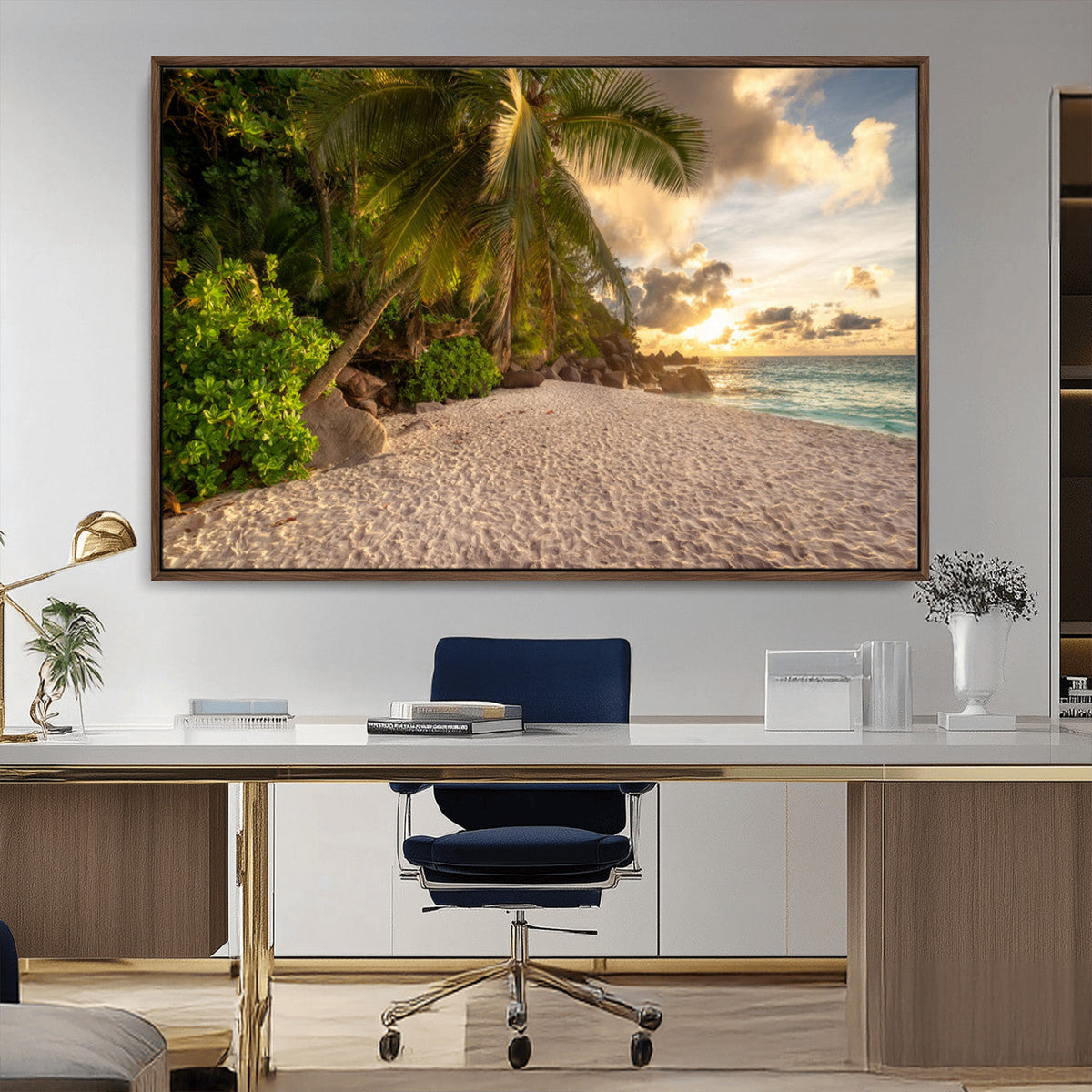 Tropical beach sunset, palm trees, white sand, ocean waves,