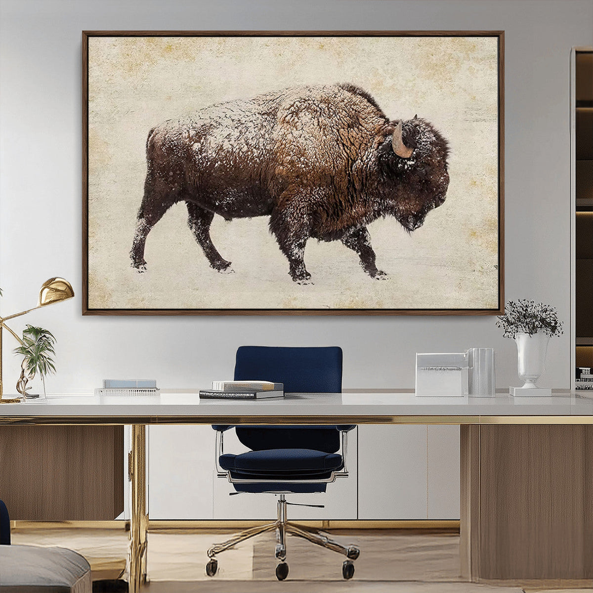 Snow-dusted bison silhouette textured vintage style rugged