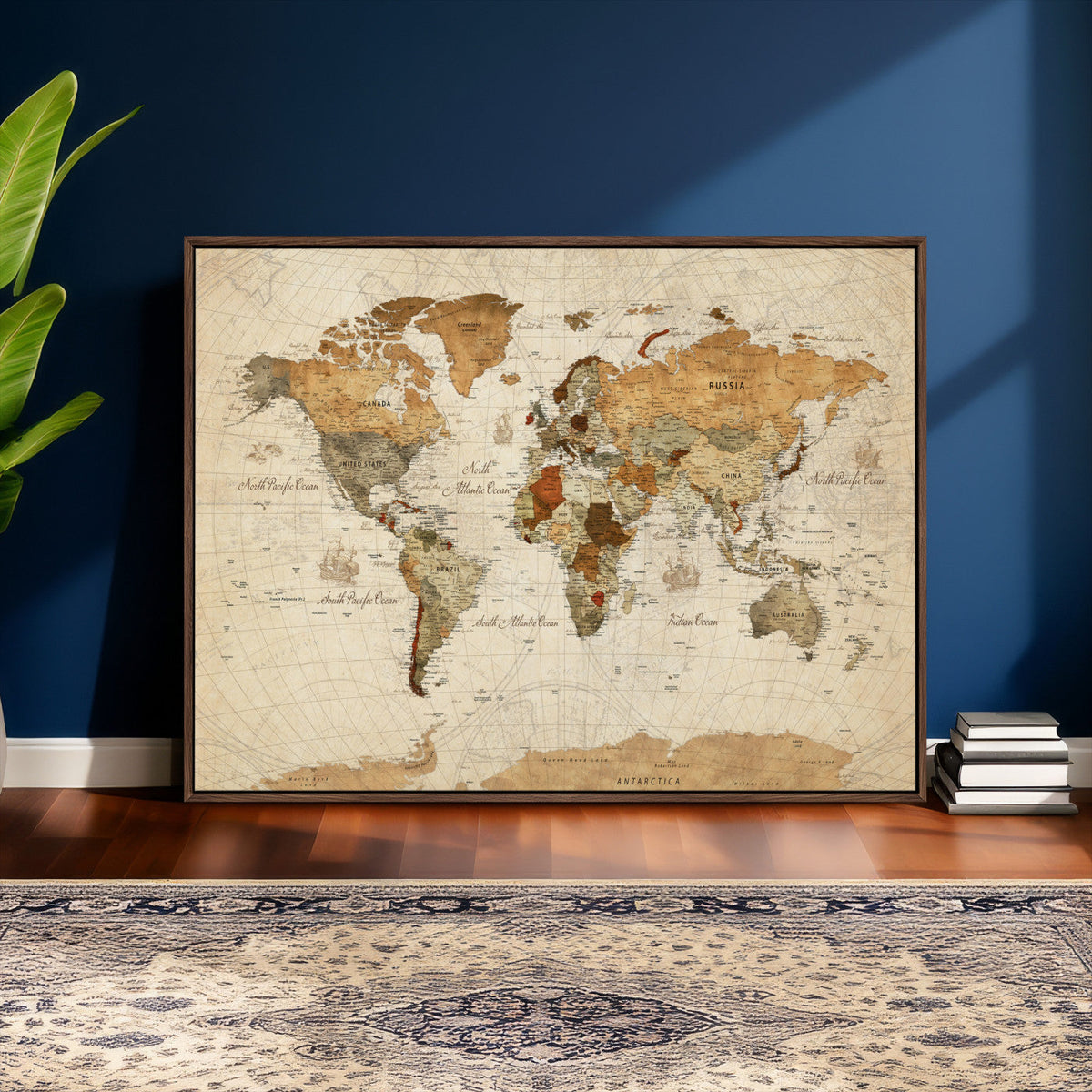 Rustic Vintage World Map Canvas Print – Framed Modern