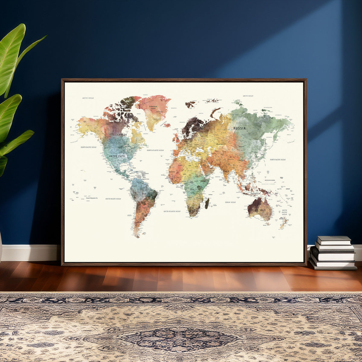 Framed World Map Wall Art Canvas Print for Living Room and