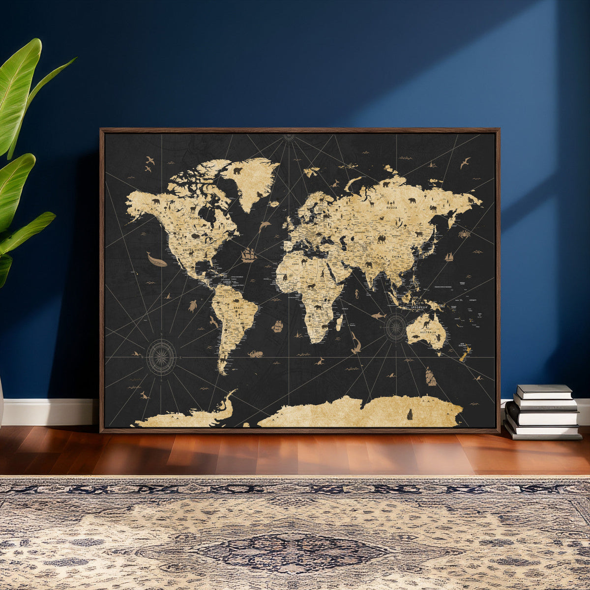 Vintage Blue and Brown World Map Canvas Wall Art – Framed
