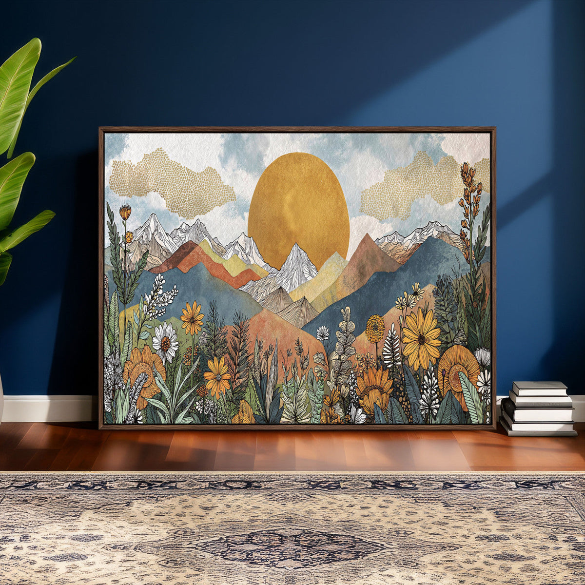 Boho Mountain Landscape Large Wall Art, Horizontal Gold