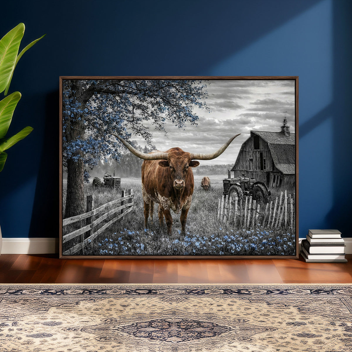 Texas Longhorn Canvas Wall Art, Rustic Farm Barn Bluebonnet