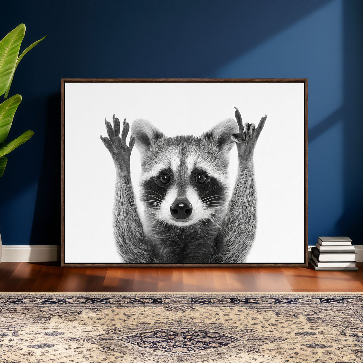 Funny Raccoon Canvas Wall Art, Black White Hands Up Animal Photo Print, Humorous Wildlife Decor, Kids Room Nursery Art, Quirky Animal Gift