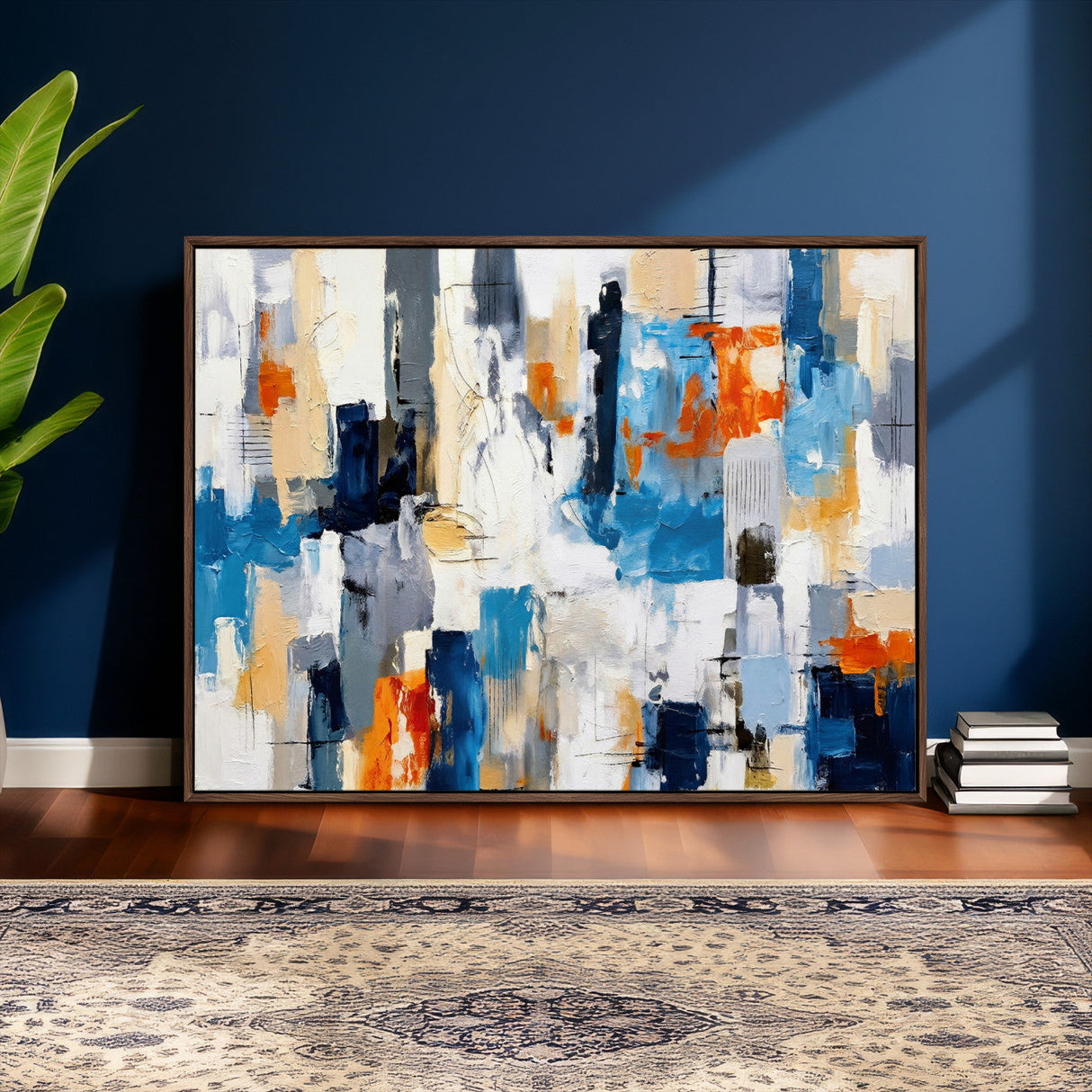 Blue Teal Abstract Canvas Wall Art, Modern Textured Painting Print, Navy Orange White Contemporary Art, Neutral Living Room Decor, Office Art