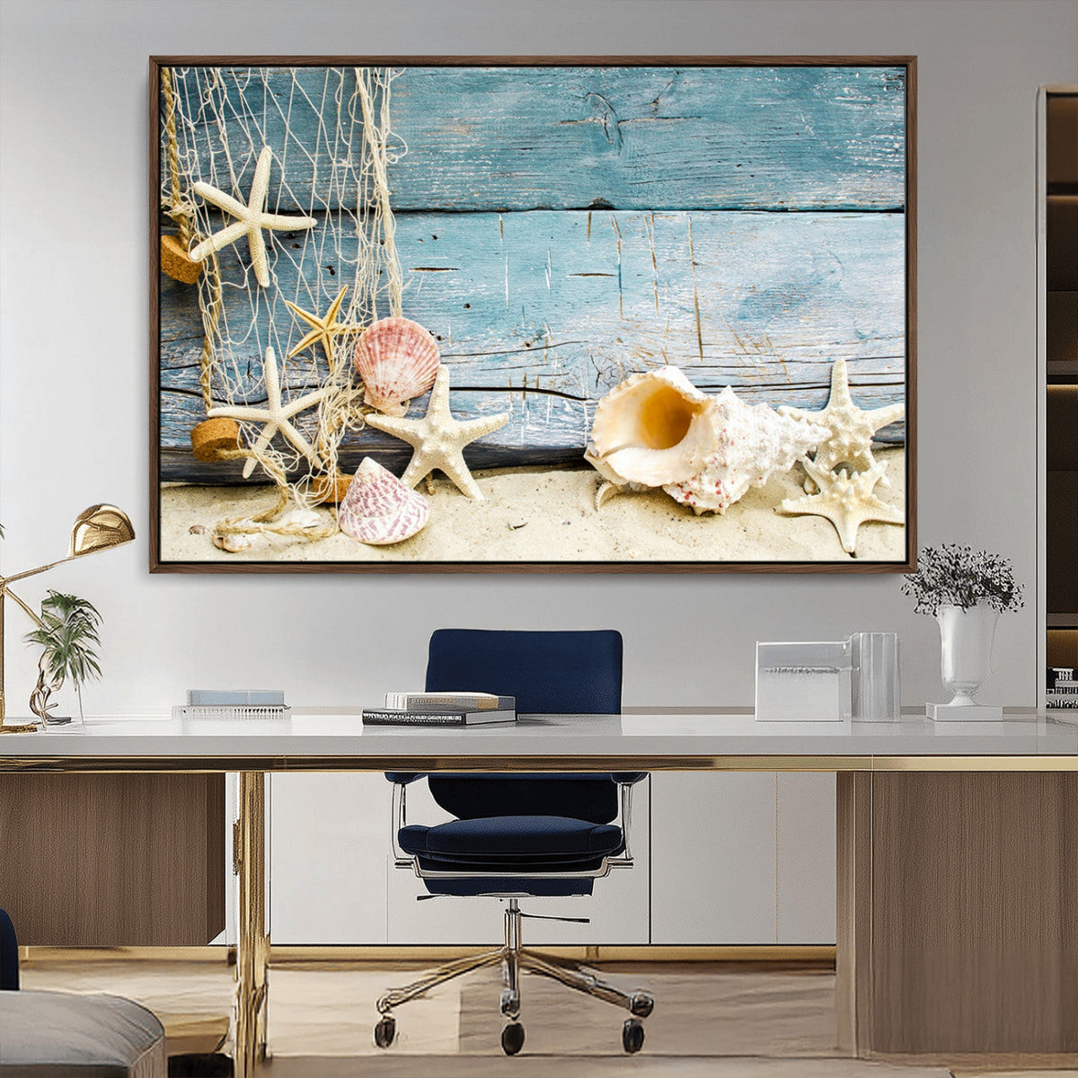 Seashells on Rustic Wooden Background, Seashells Wall Art