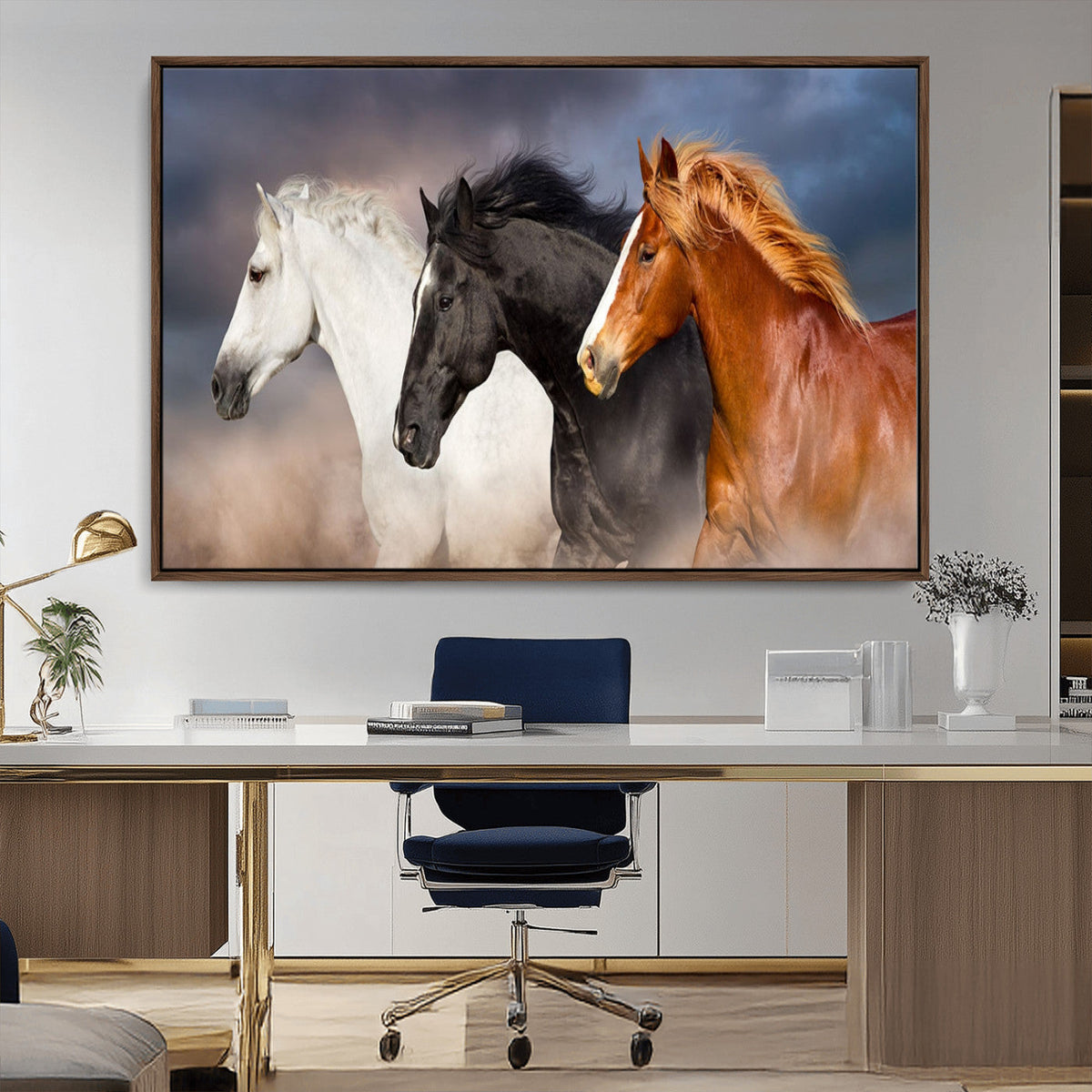 Animal Wall Art Three Horses Farmhouse Art Canvas, Framed