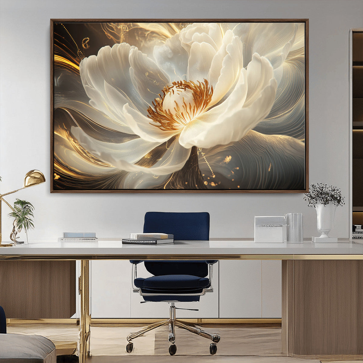 Gold Floral Wall Art Canvas Print, Framed Modern Flower Art