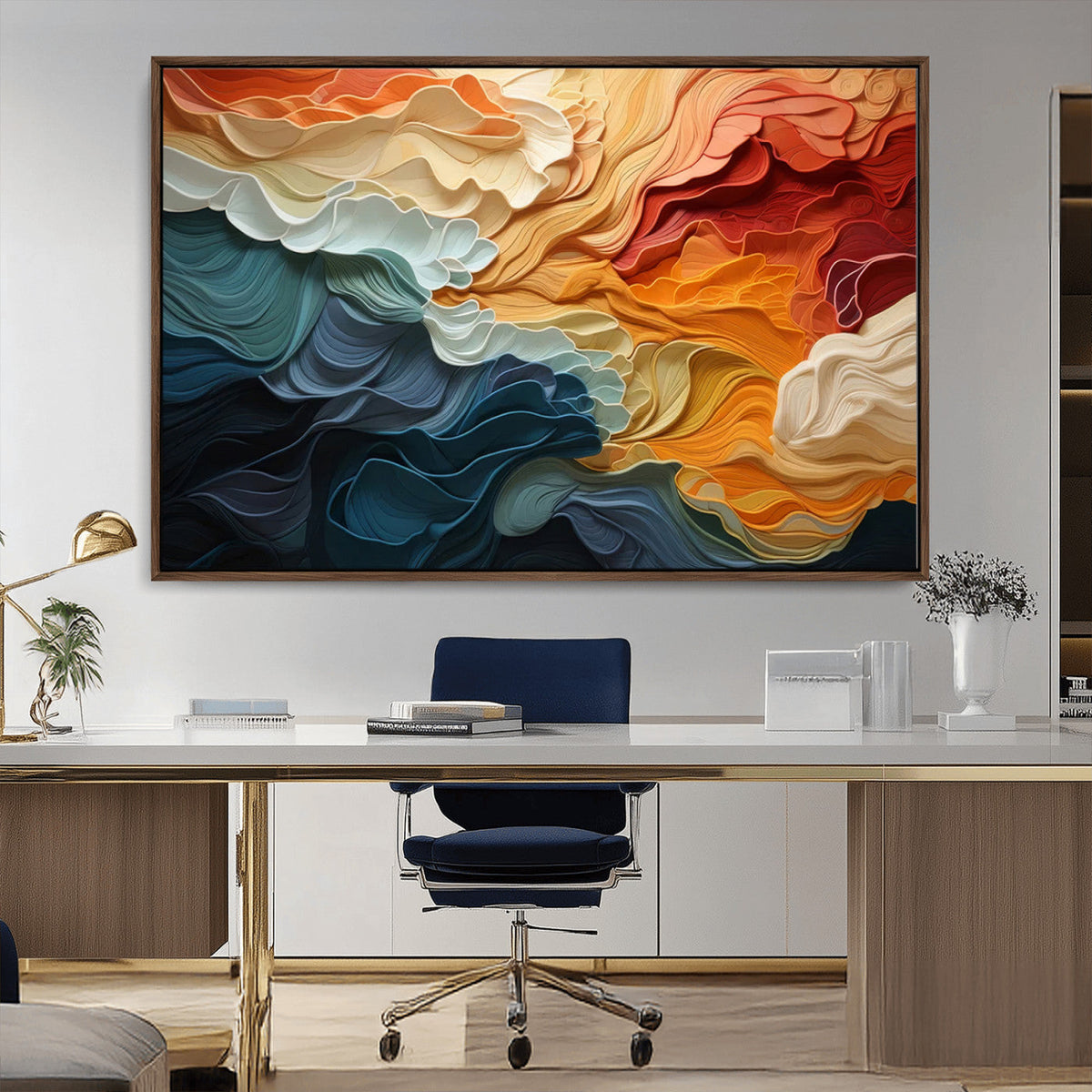 Blue Orange Abstract Wave Wall Art Canvas Print, Framed Blue