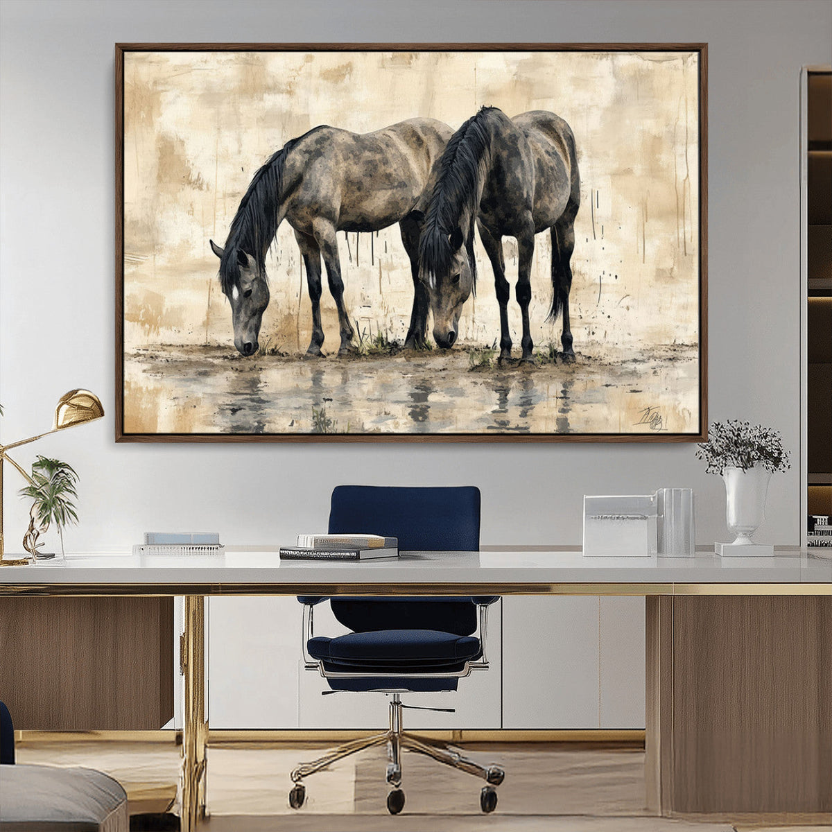 Chinese Style Abstract Black Horses Wall Art Canvas Print -