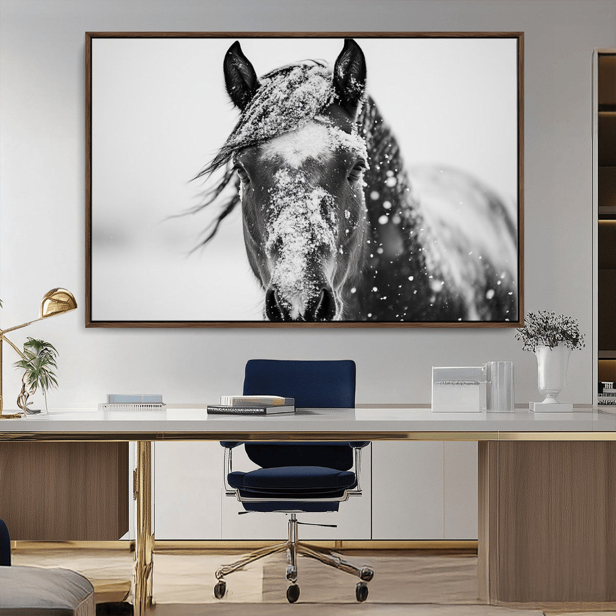 Western Wall Art | Black and White Winter Horse Wall Art |